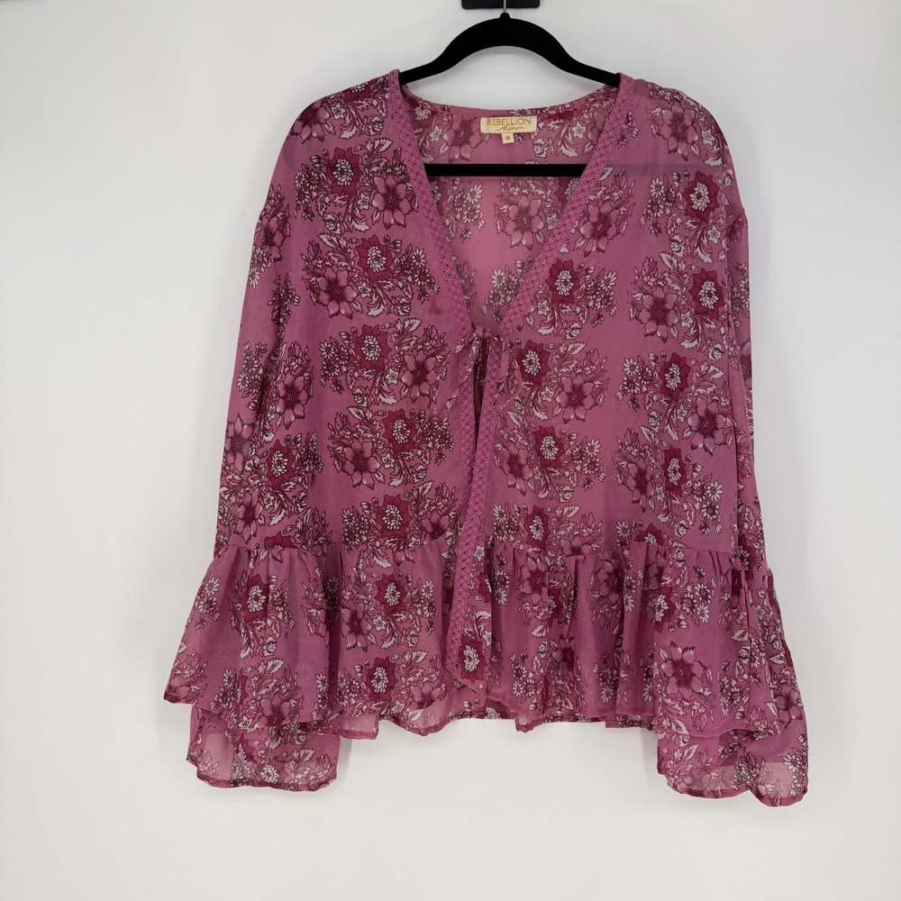 Rebellion Again Blouse Women Medium Pink Floral Bell Sleeve Boho Tie Fairy Sheer